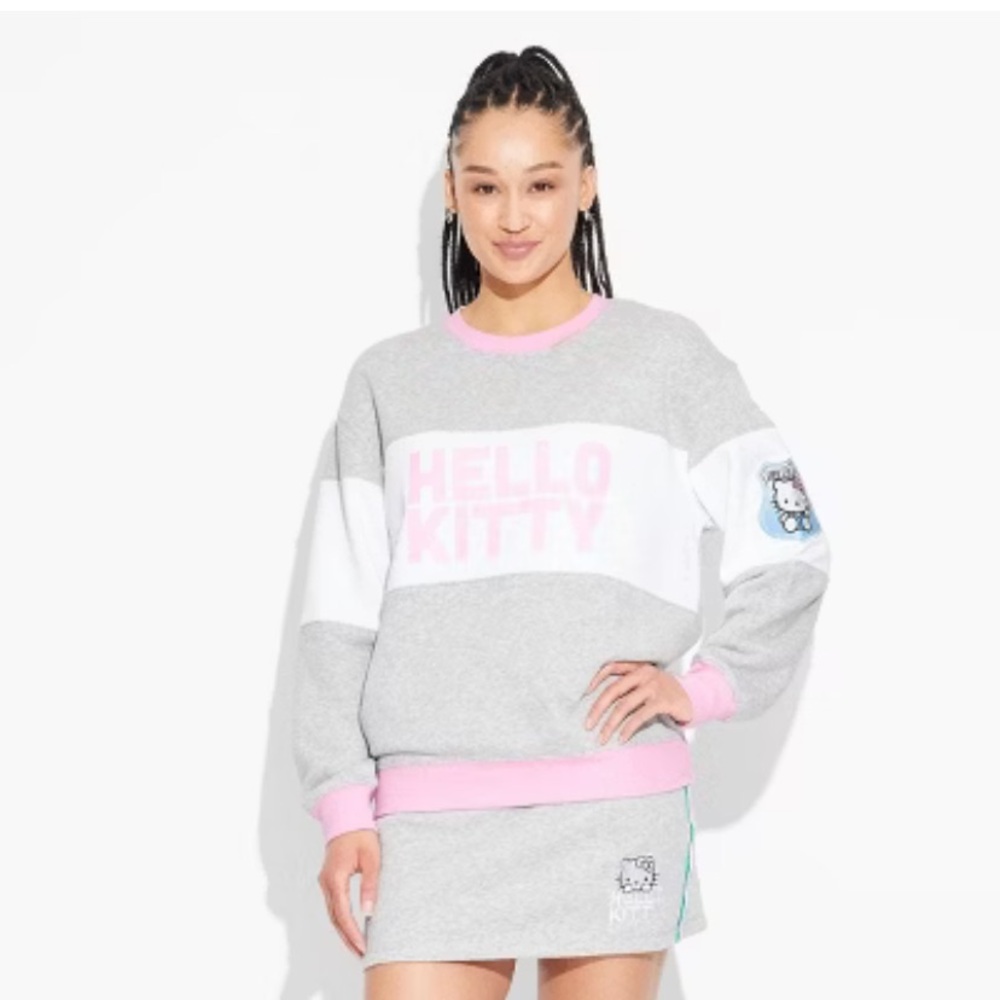 Hello Kitty Women's Gray and Pink Sweater - Size L